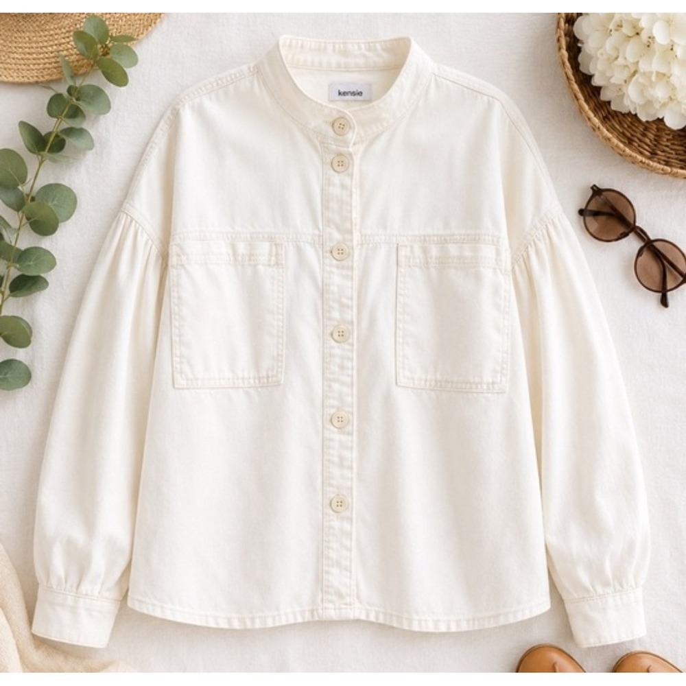 Kensie Girl Button Up 
 Womens L Cream Utility Shirt Cotton Denim Shacket Boho